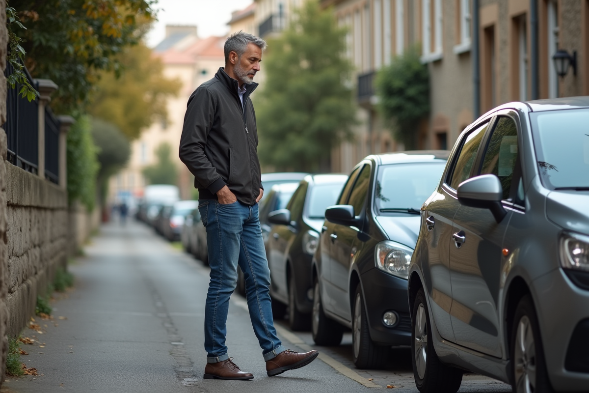 Homme vérifiant une petite rayure sur sa voiture en rue résidentielle
