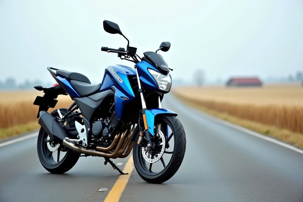 Honda CB 500X bleue garée sur une route de campagne, vue de face en biais révélant les ergonomies guidon, selle et repose-pieds