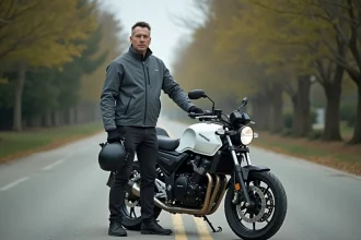 Homme debout à côté d'une Honda CB 500X blanche sur une route suburbaine, comparant la hauteur de selle et son gabarit
