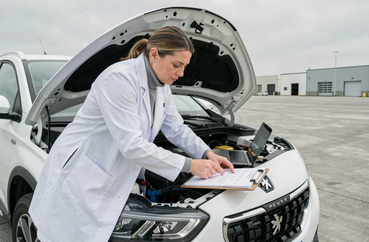 Ingénieure automobile connectant un outil de diagnostic électronique sur un Peugeot 3008 lors d'un rappel constructeur