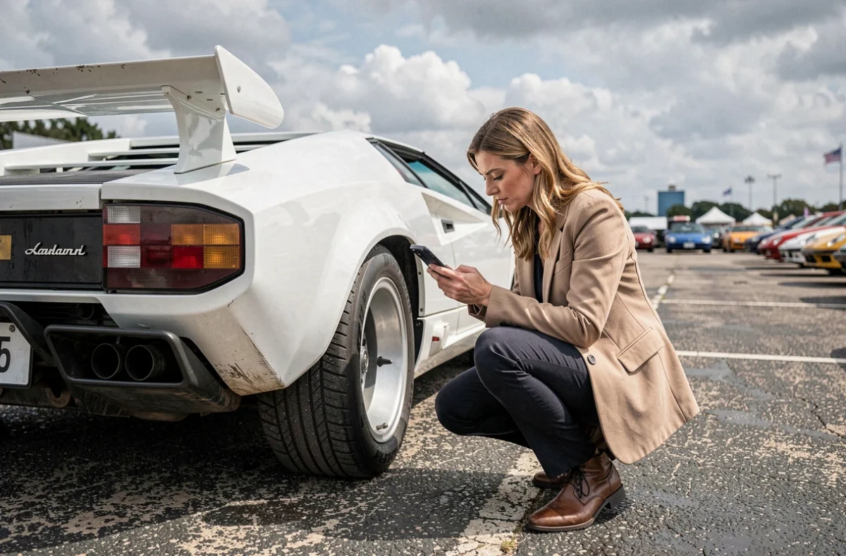 Femme inspectant la carrosserie d'une Lamborghini Countach blanche lors d'une vente aux enchères de voitures de collection