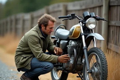 Motard inspectant le moteur d'une Honda XL 500 en bord de route, erreur fréquente des nouveaux propriétaires