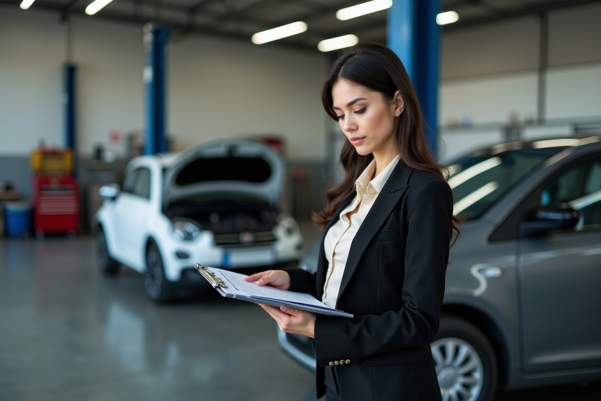 Jeune femme inspecte une voiture endommagée en garage