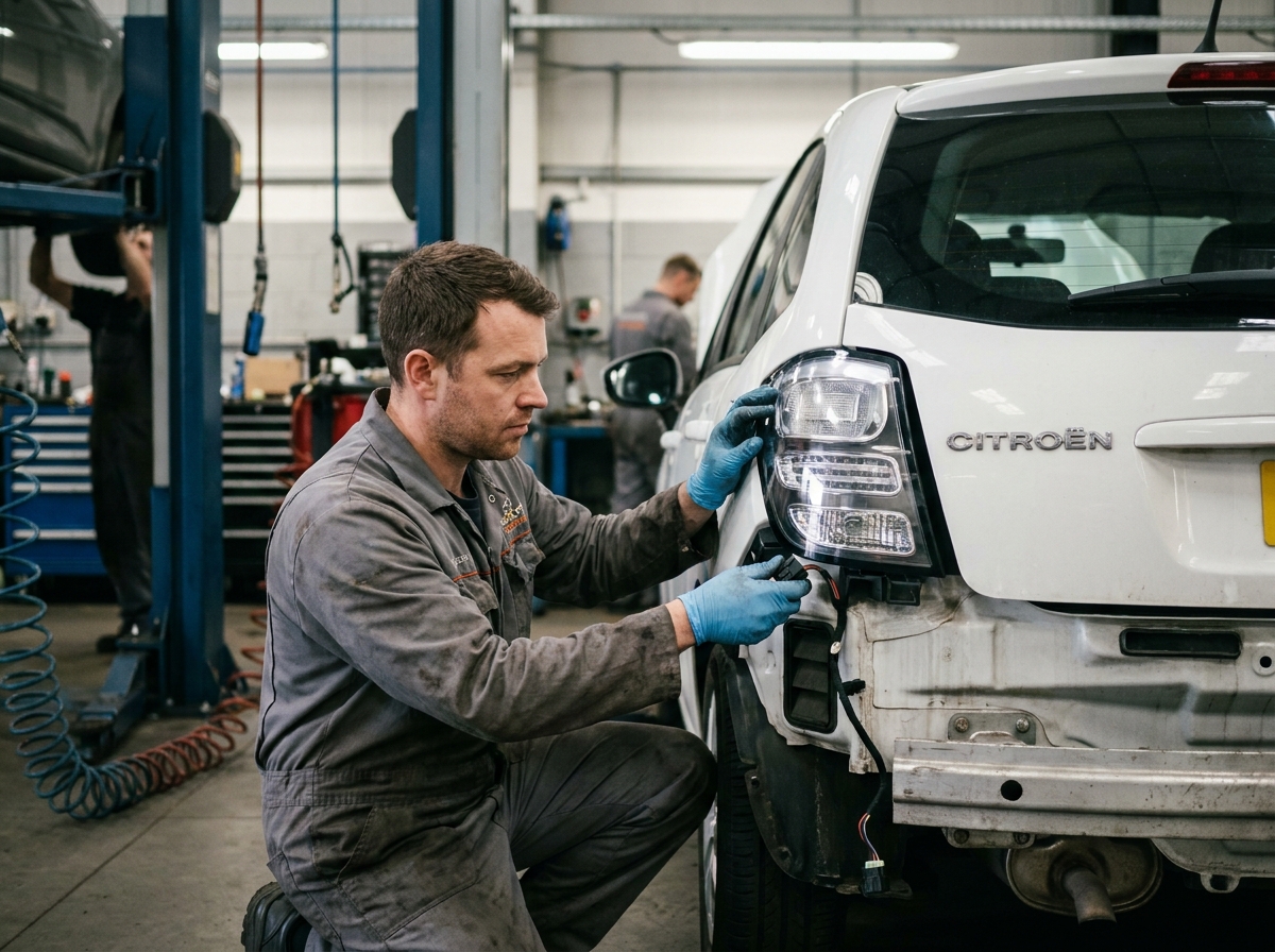 Mécanicien installant un feu arrière compatible sur une Citroën C3 blanche en atelier
