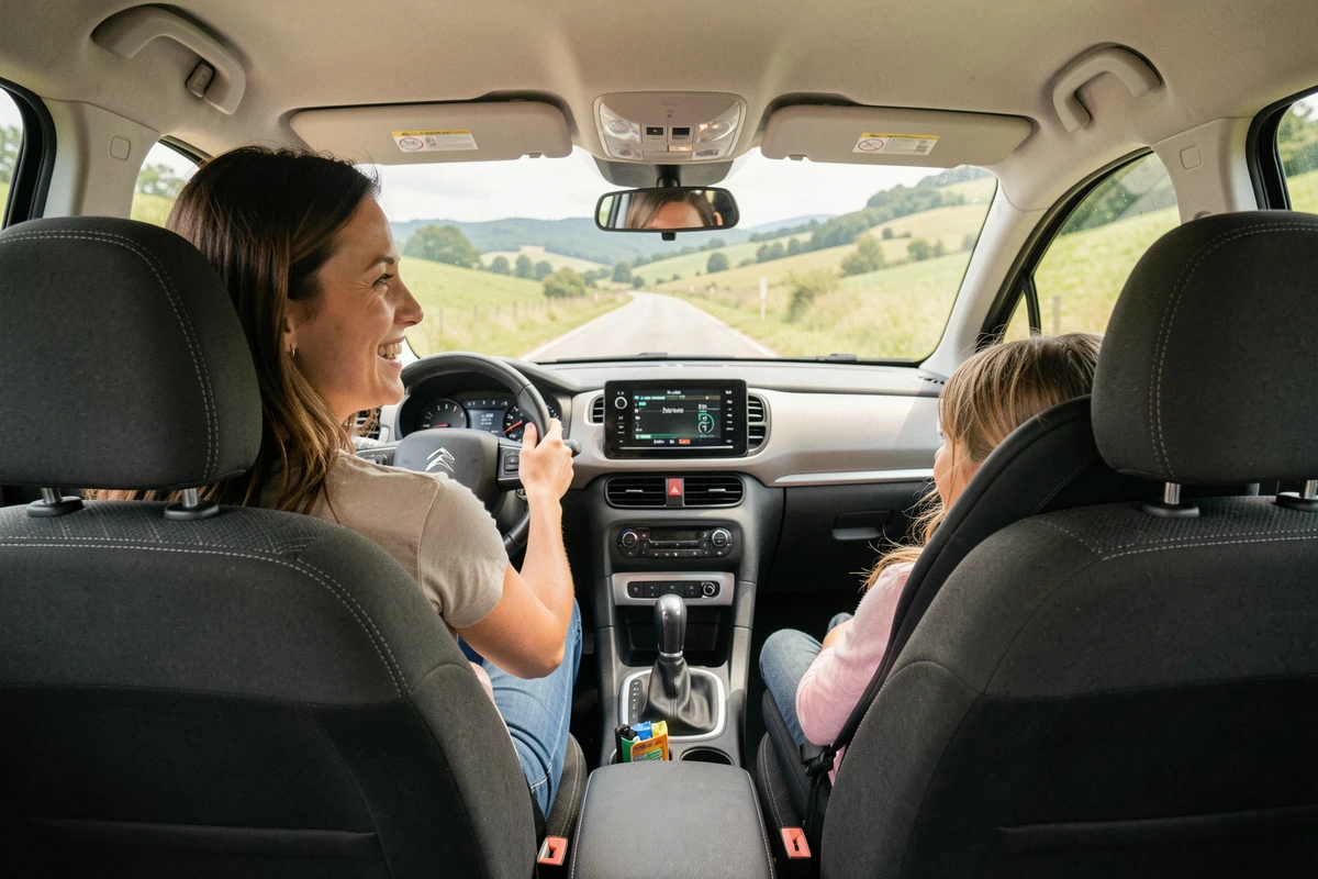 Intérieur de la Citroën C3 avec une mère souriante au volant et une enfant en siège auto, ambiance voyage en famille