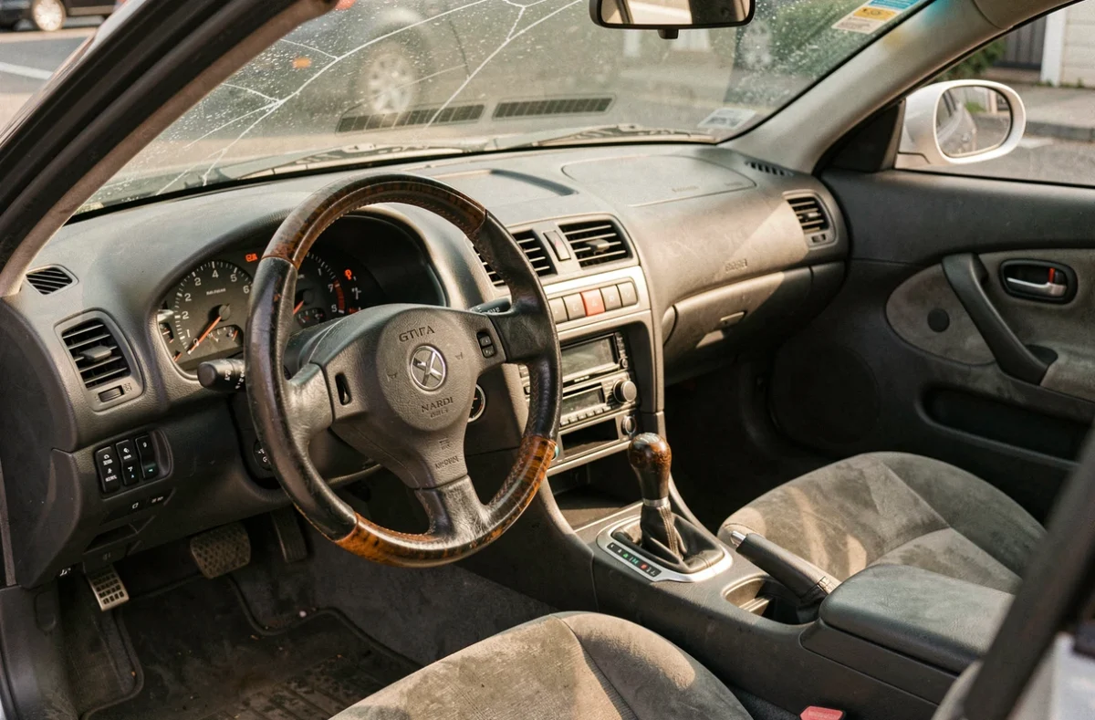 Intérieur authentique de la Nissan Skyline GT-R R34 avec tableau de bord usé et unité d'affichage multifonction JDM