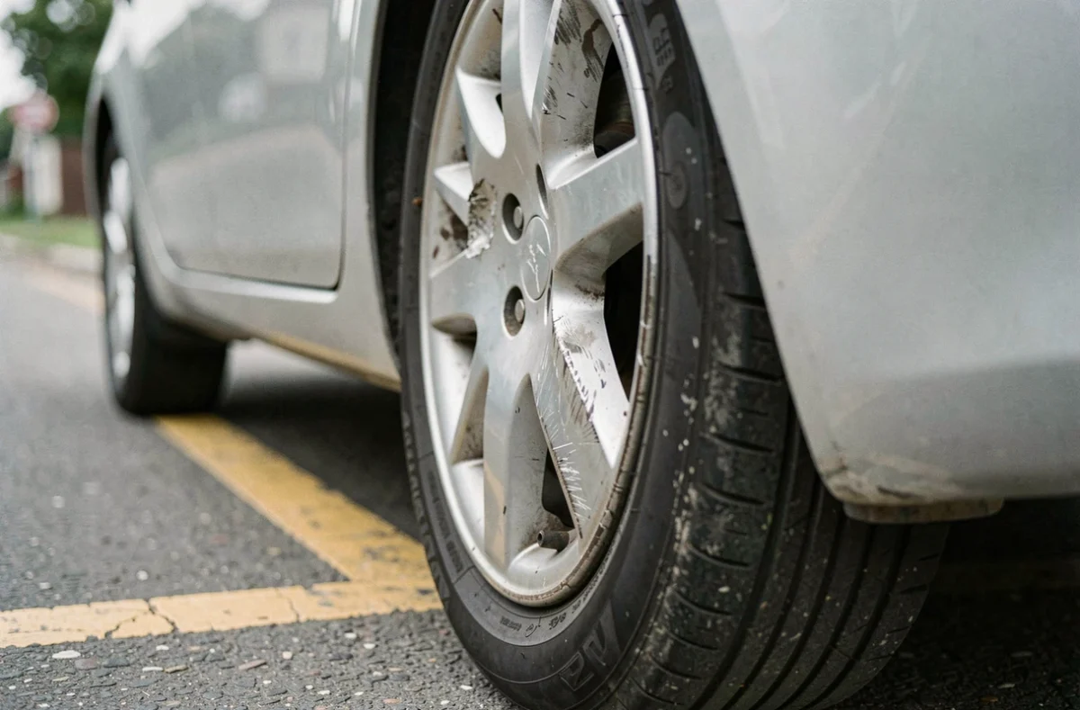 Jante aluminium endommagée avec rayures et éclats après un choc de trottoir sur une voiture garée