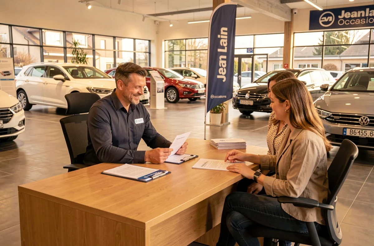 Conseiller de Jean Lain Occasions Grenoble assis avec des clients pour la signature d'un contrat de vente de voiture d'occasion