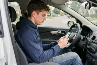 Jeune conducteur comparant des assurances auto sur son smartphone dans sa voiture
