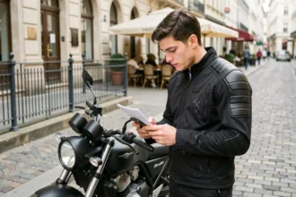 Jeune conducteur de moto 500cc consultant son assurance moto sur smartphone en milieu urbain