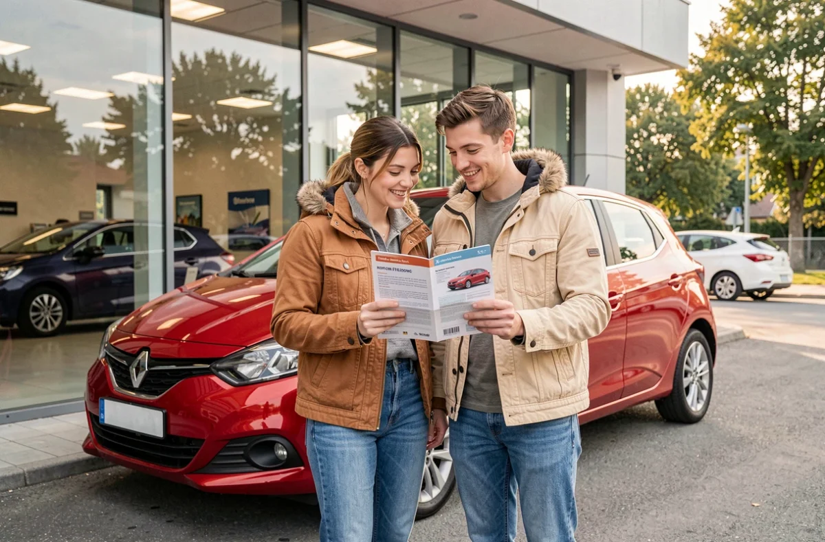 Jeune couple choisissant une assurance auto adaptée à leur profil devant un concessionnaire automobile
