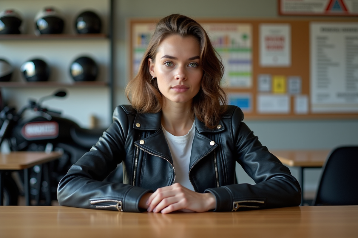 Jeune femme dans une auto école avec posters et casques