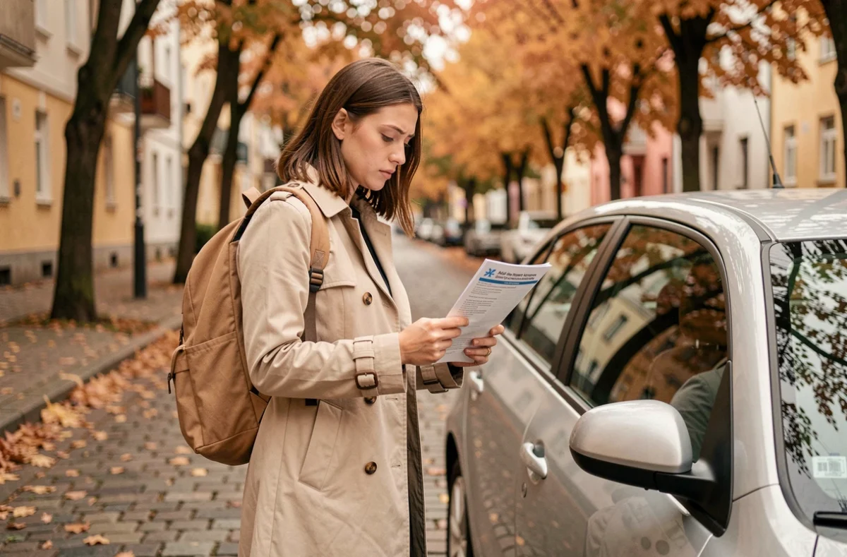 Jeune femme conductrice consultant un document d'assurance auto à côté de sa voiture