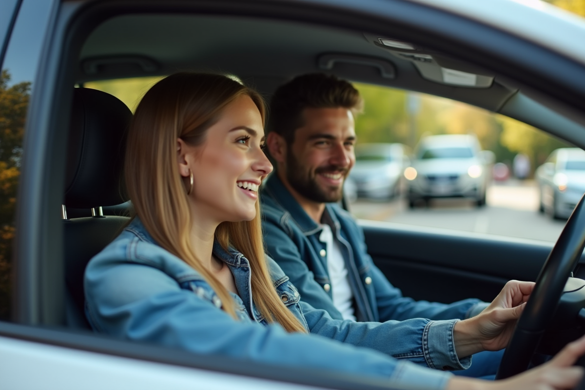 Jeune femme souriante au volant d'une voiture en ville