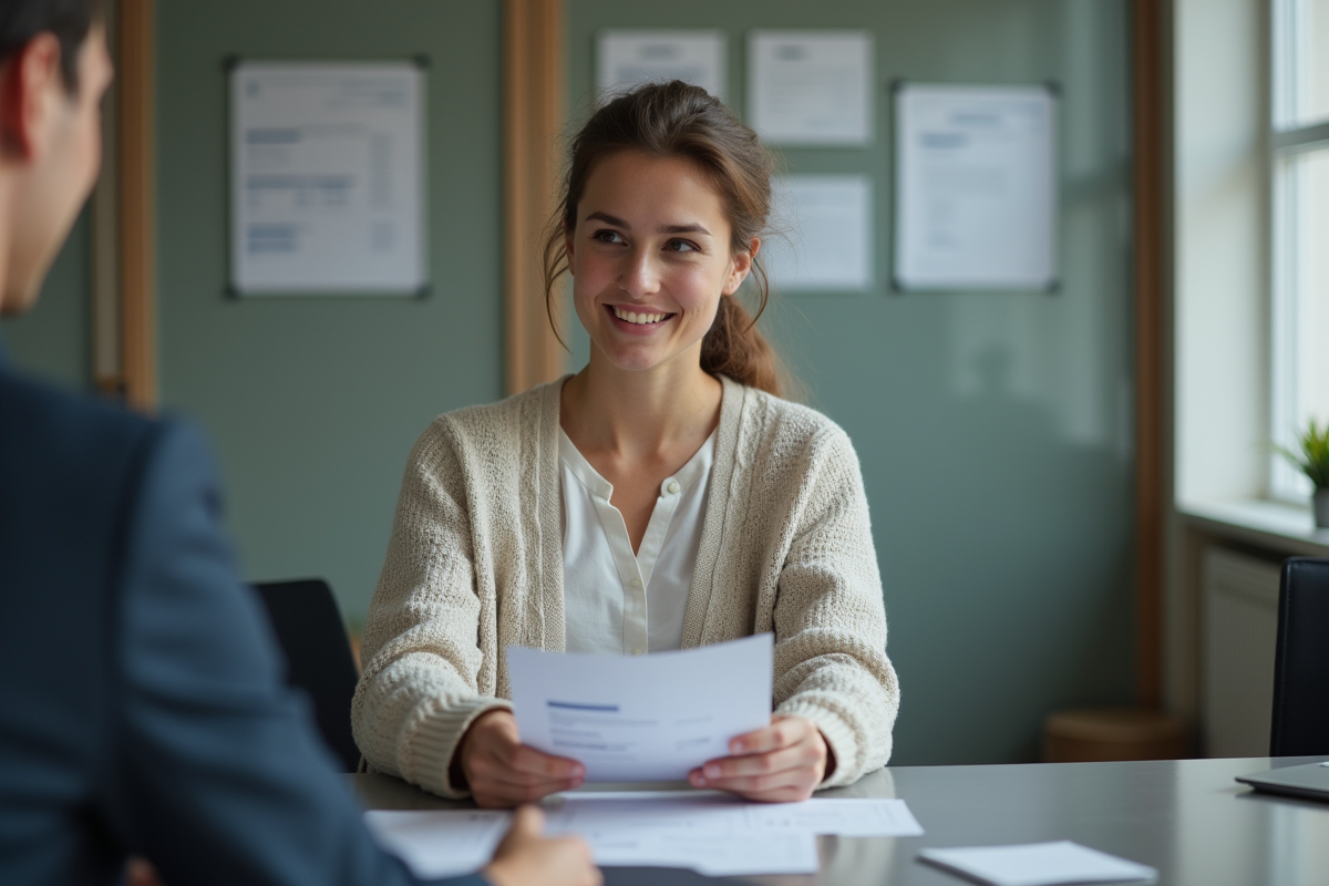 Jeune femme française remet des documents à un agent