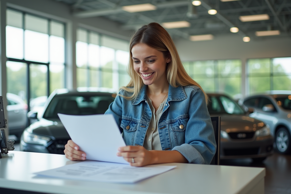 Jeune femme souriante en concession automobile