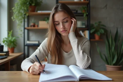 Jeune femme concentrée lisant un test de conduite imprimé