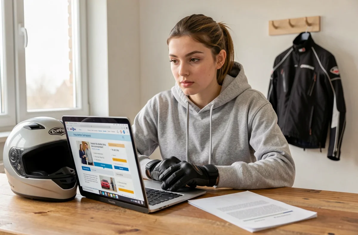 Jeune femme avec permis moto récent comparant des devis d'assurance moto sur ordinateur portable à domicile