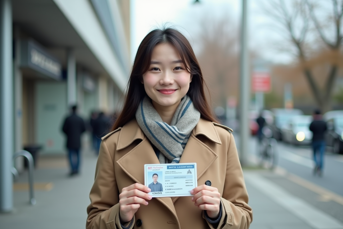Jeune femme souriante avec permis devant un bâtiment administratif