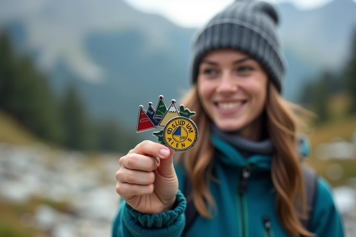 Jeune femme outdoor tenant des ecussons alpins colorés
