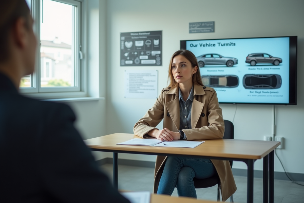 Jeune femme en classe de conduite regardant un écran numérique
