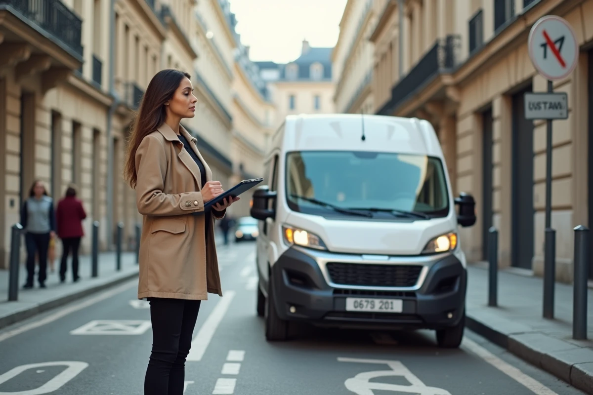 Jeune femme en trench contrôlant un véhicule de livraison à Paris