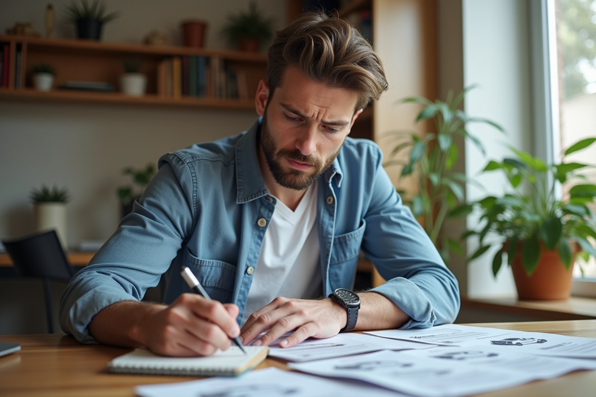 Jeune homme concentré à étudier des listes de prix auto