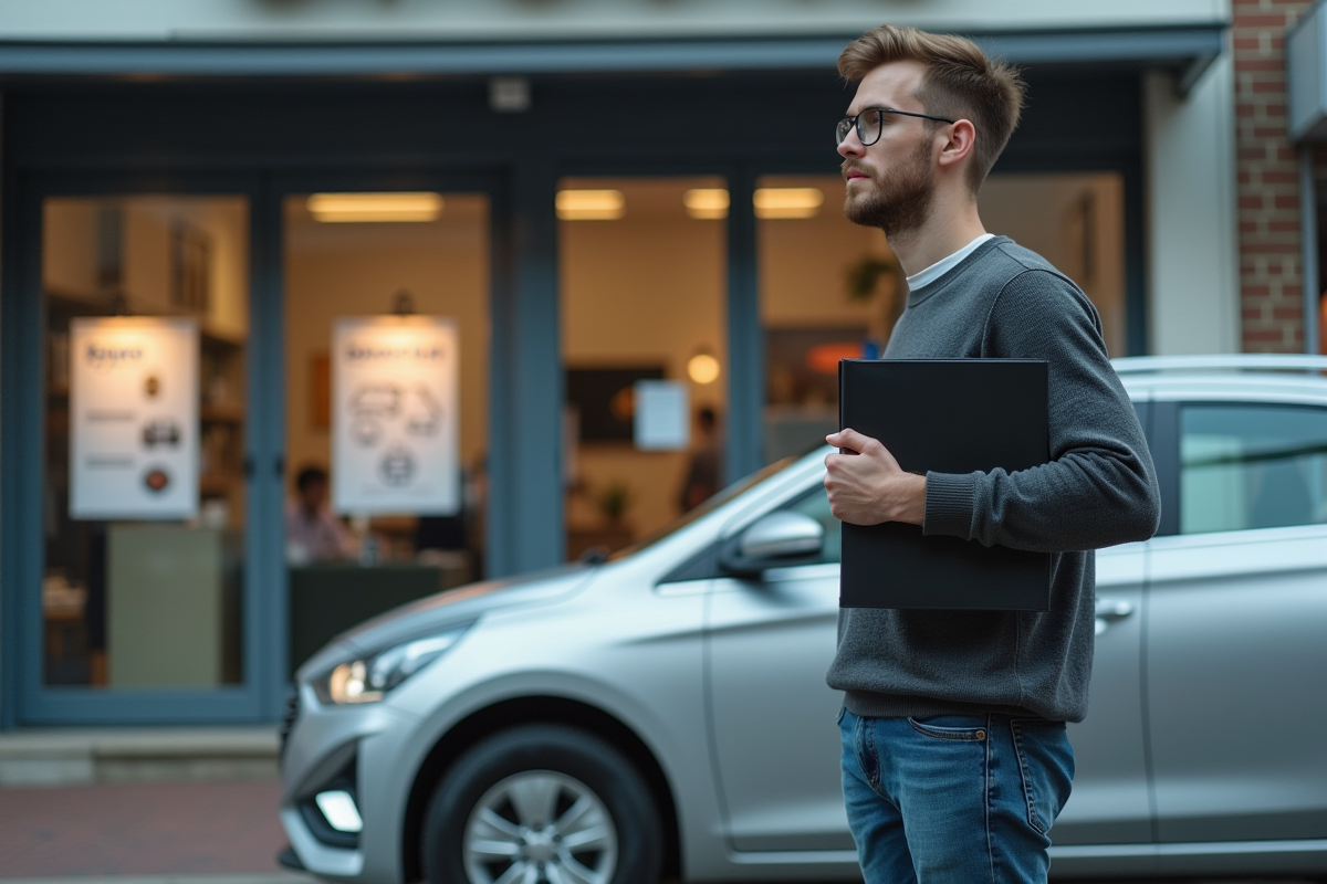 Jeune homme regardant sa voiture devant une agence d