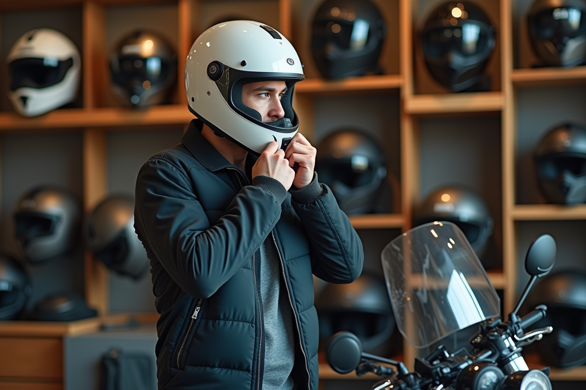 Jeune homme essayant un casque de moto en magasin