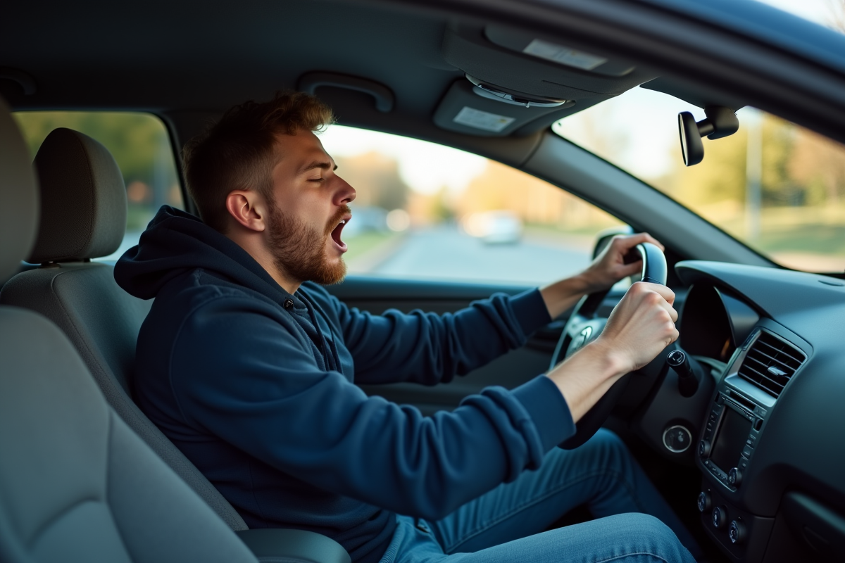 Jeune homme fatigué dans sa voiture en conduite