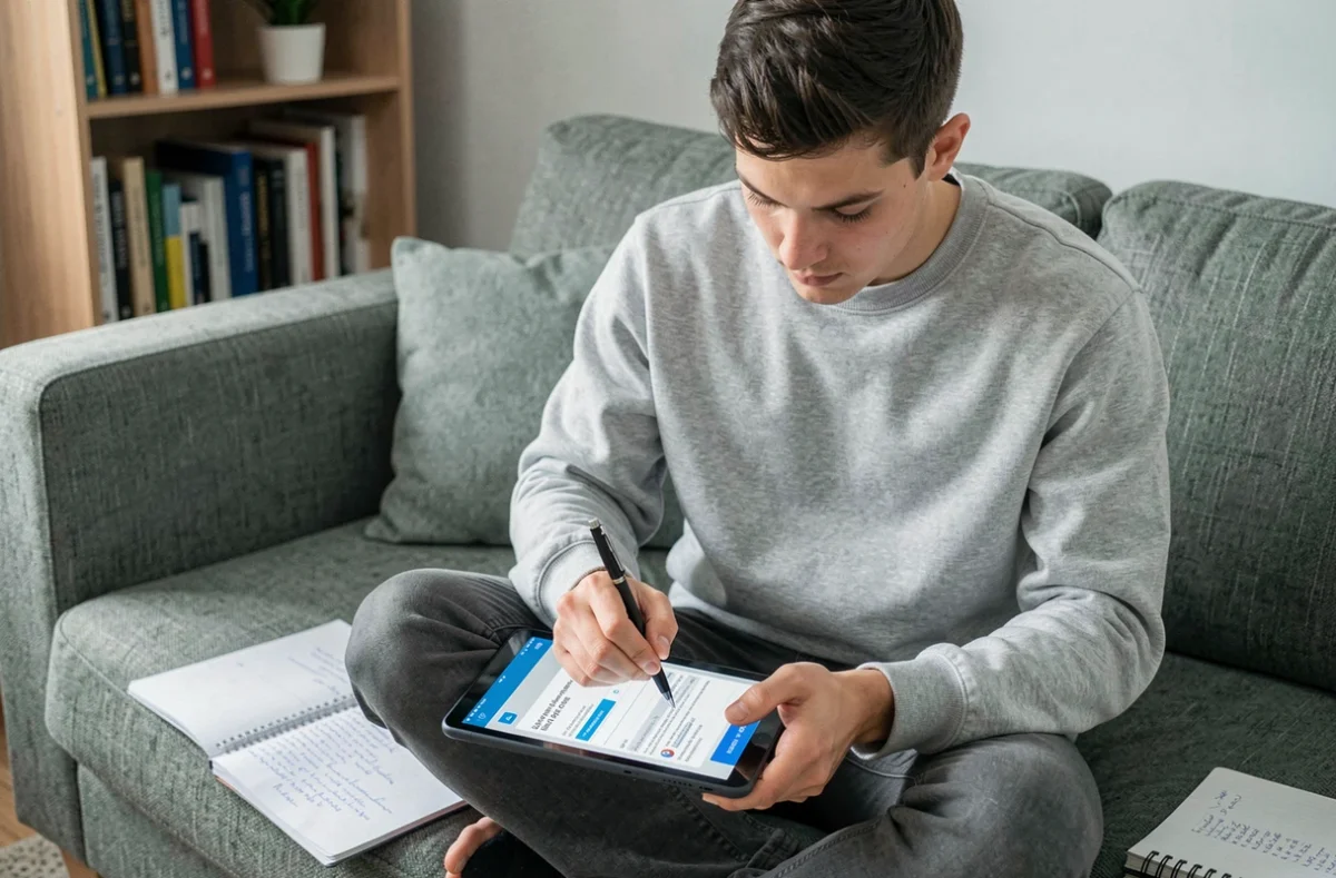 Jeune homme remplissant un formulaire de comparateur d'assurance auto sur une tablette