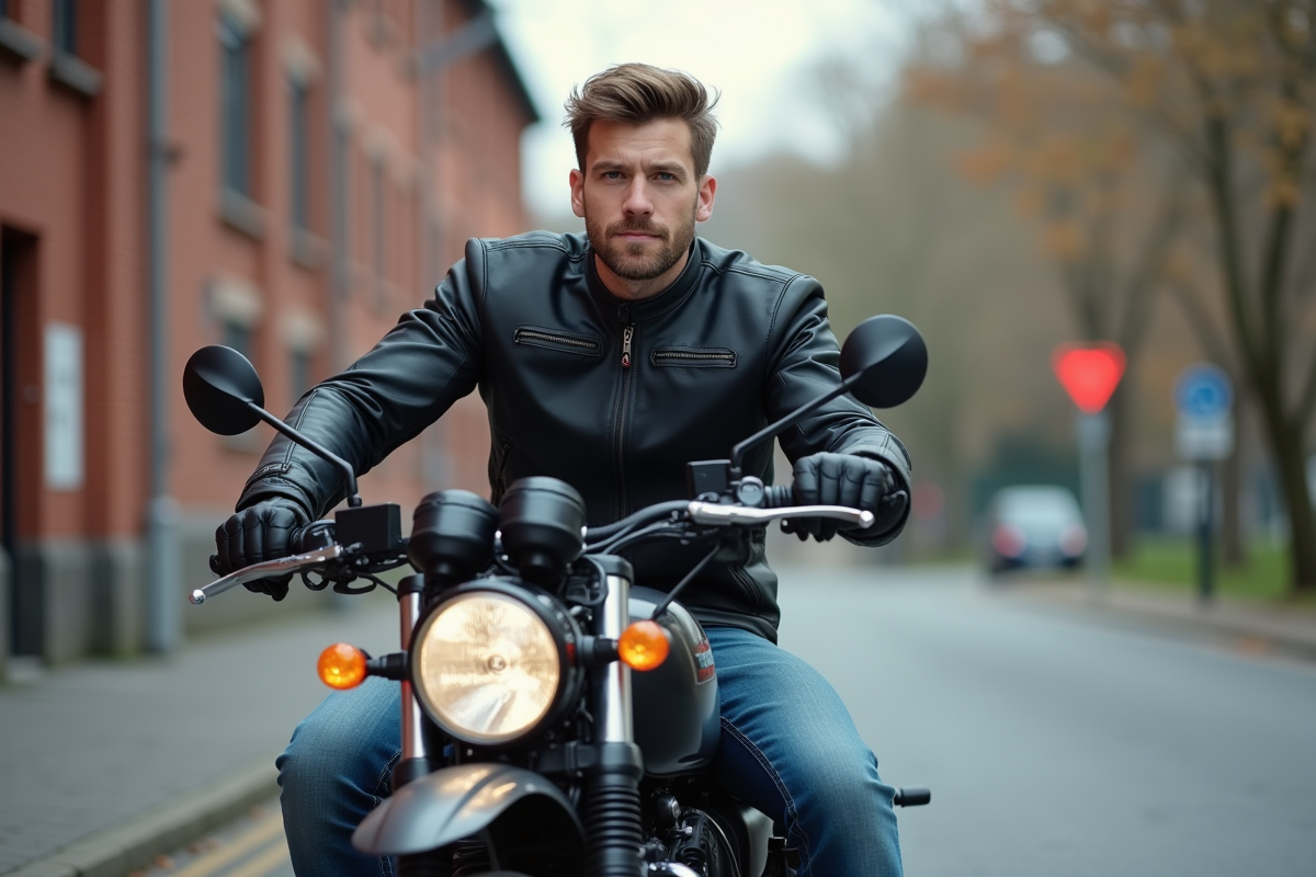 Jeune homme en moto avec licence A2 en main dans la ville