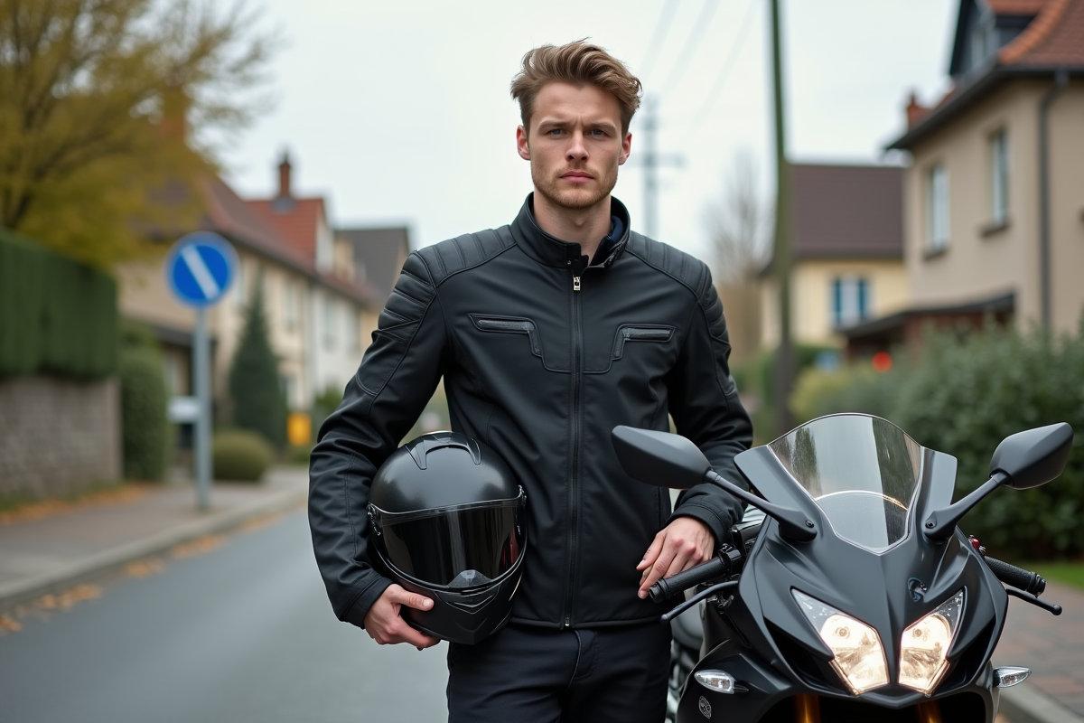 Jeune homme avec casque à la main près d'une moto sportive