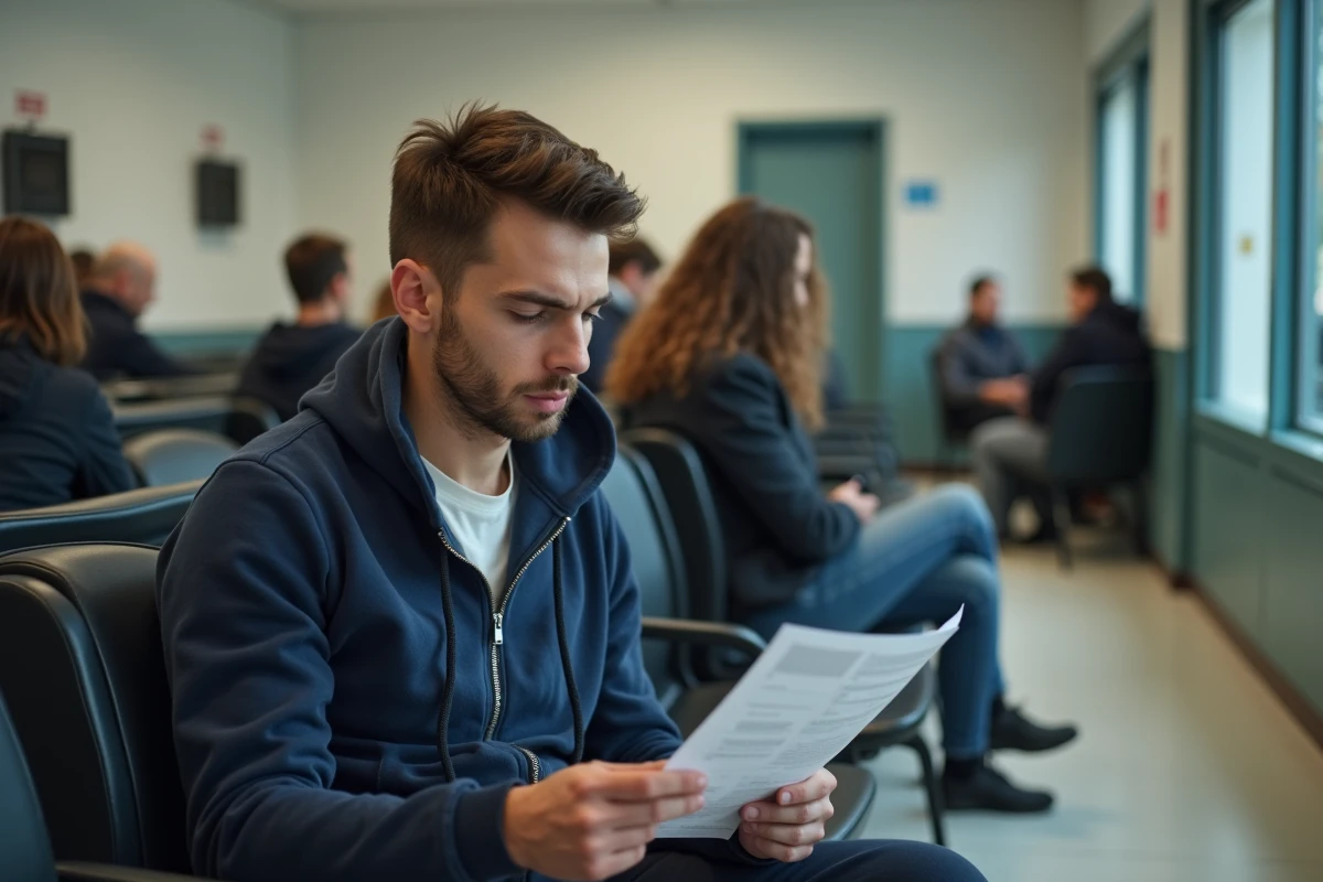 Jeune homme frustré lisant un document administratif dans une salle d'attente pour son dossier de permis de conduire