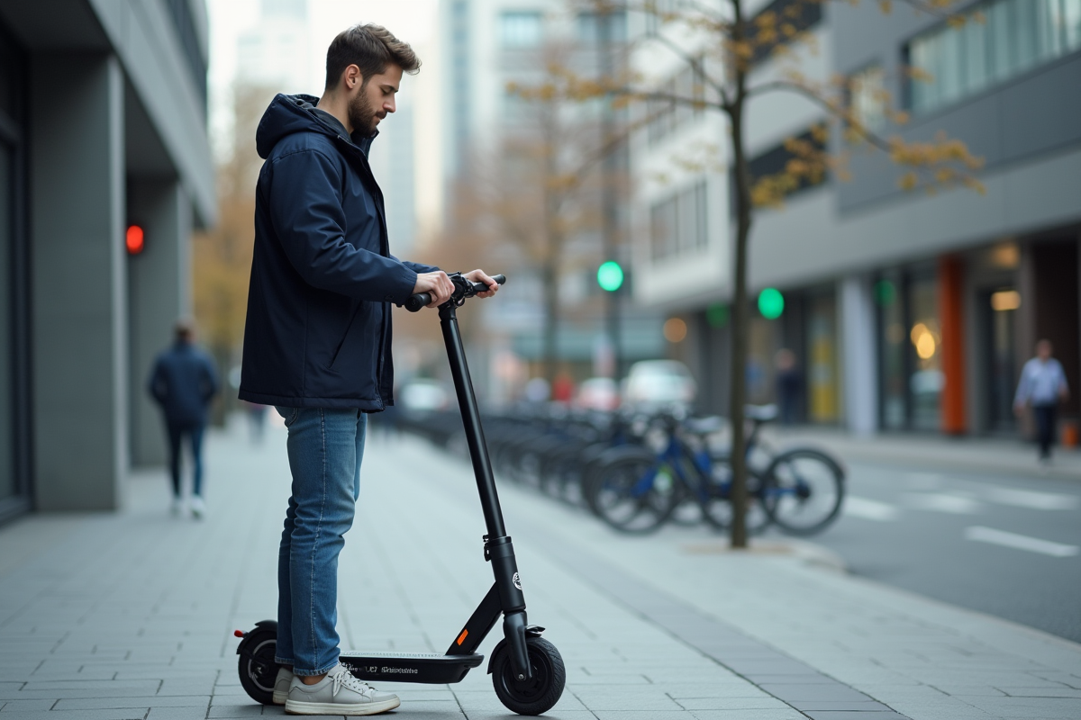 Jeune homme en ville vérifiant son scooter électrique certifié