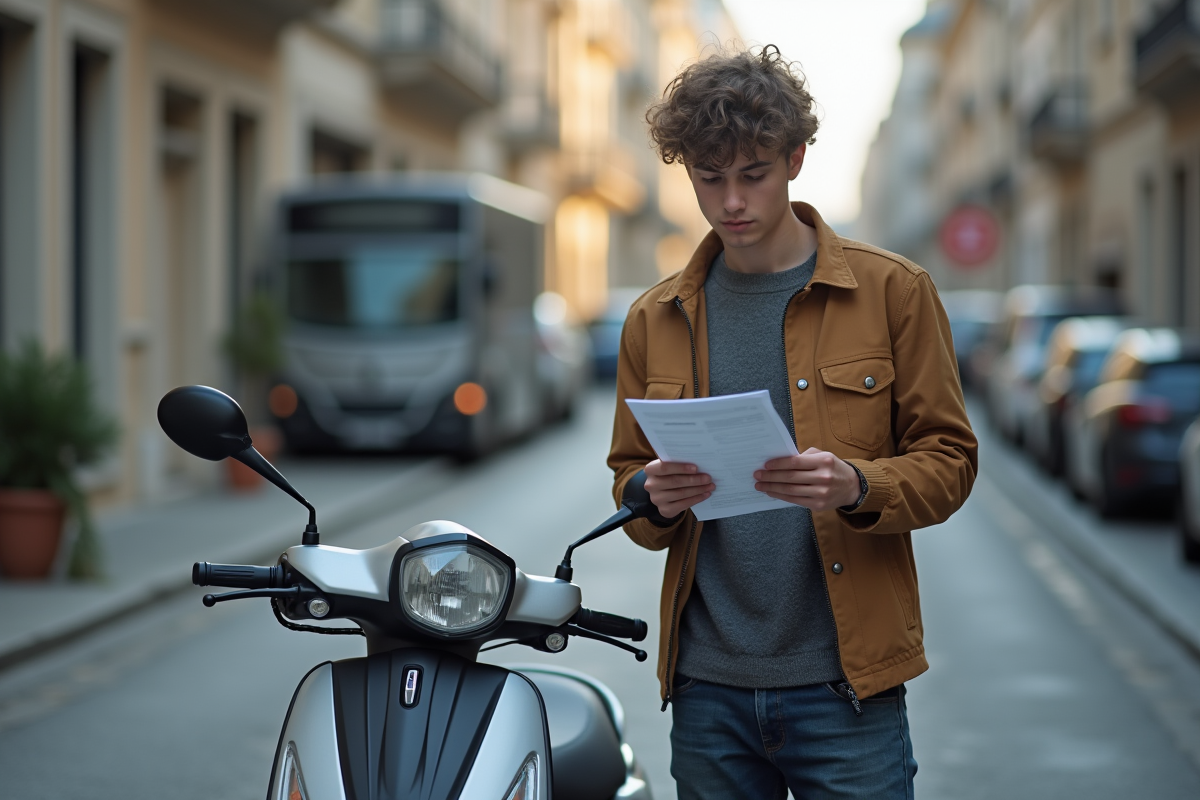 Jeune homme examinant un document de scooter en extérieur