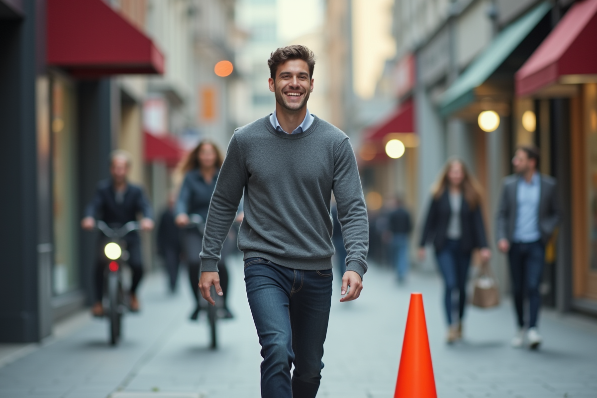 Jeune homme évitant un cône orange en ville