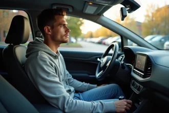 Jeune homme dans sa voiture compacte en extérieur