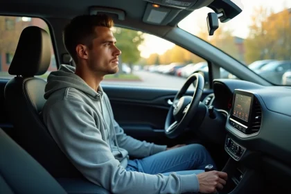 Jeune homme dans sa voiture compacte en extérieur