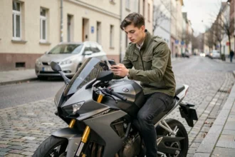 Jeune motard récemment titulaire du permis consultant un devis d'assurance moto sur son smartphone en milieu urbain