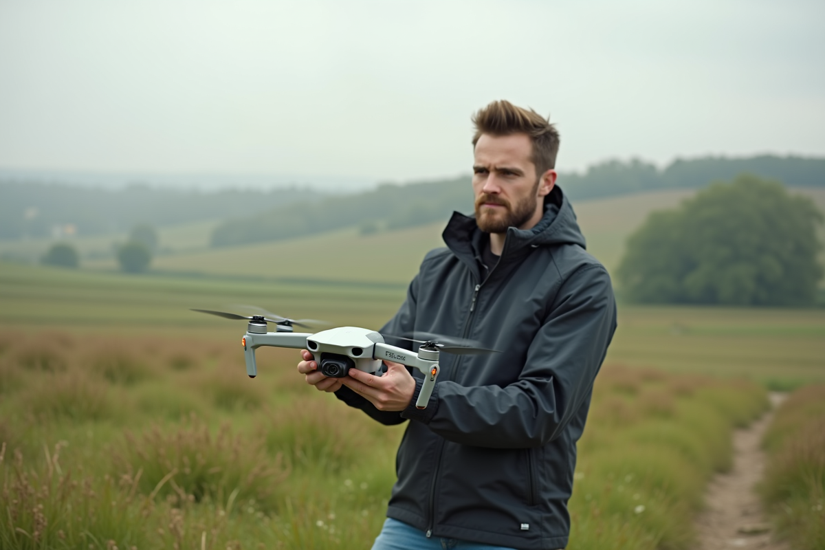Jeune homme opérant un drone compact en plein air
