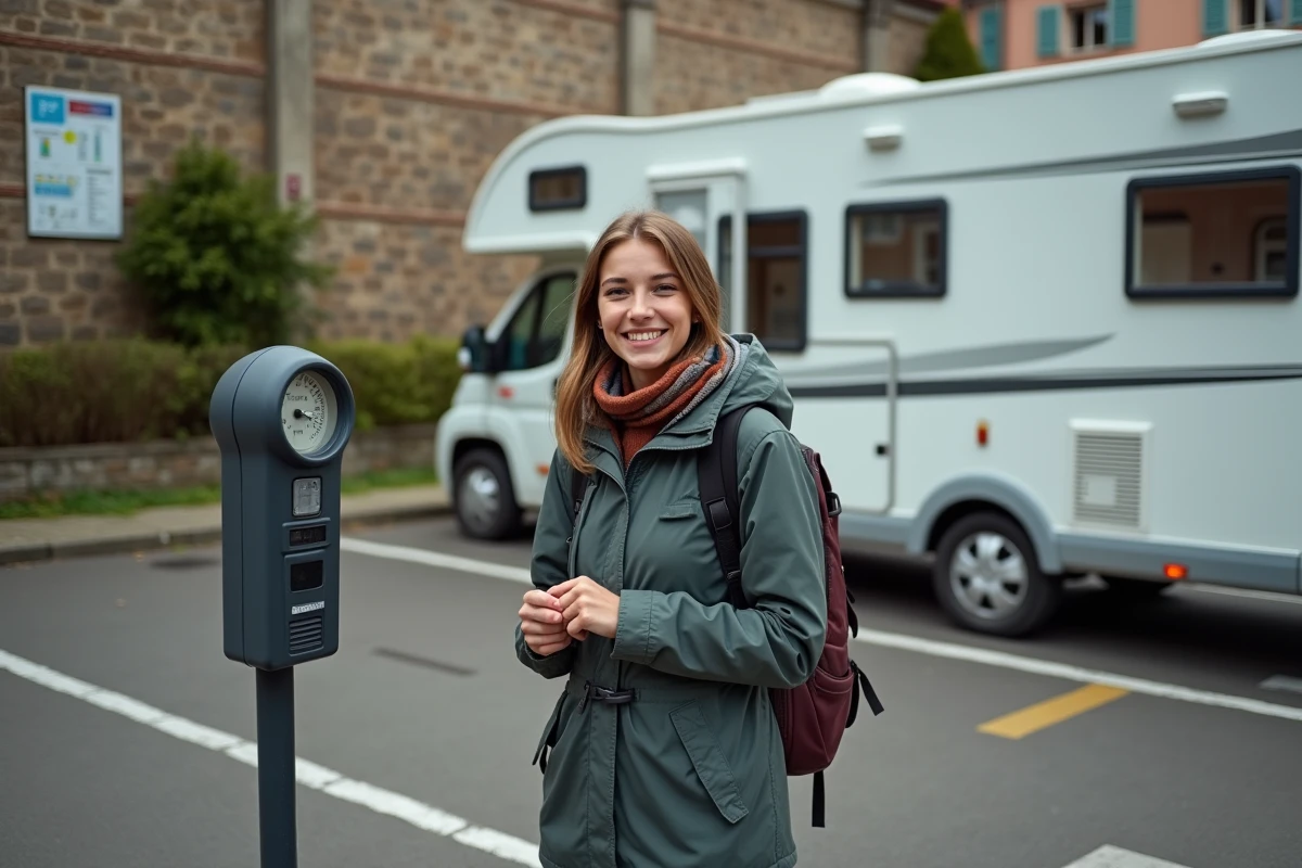 Jeune voyageuse souriante près de sa camionnette à Colmar