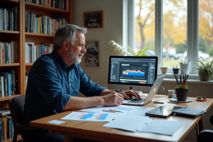 Journaliste automobile masculin analysant des comparatifs de voitures sur son bureau avec un laptop et des notes manuscrites
