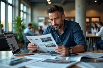 Journaliste automobile comparant des médias auto spécialisés dans une rédaction moderne