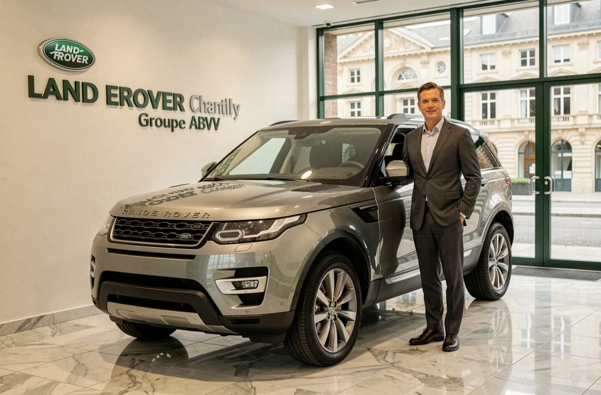 Conseiller du concessionnaire Land Rover Chantilly du Groupe ABVV posant à côté d'un SUV Land Rover d'occasion en showroom