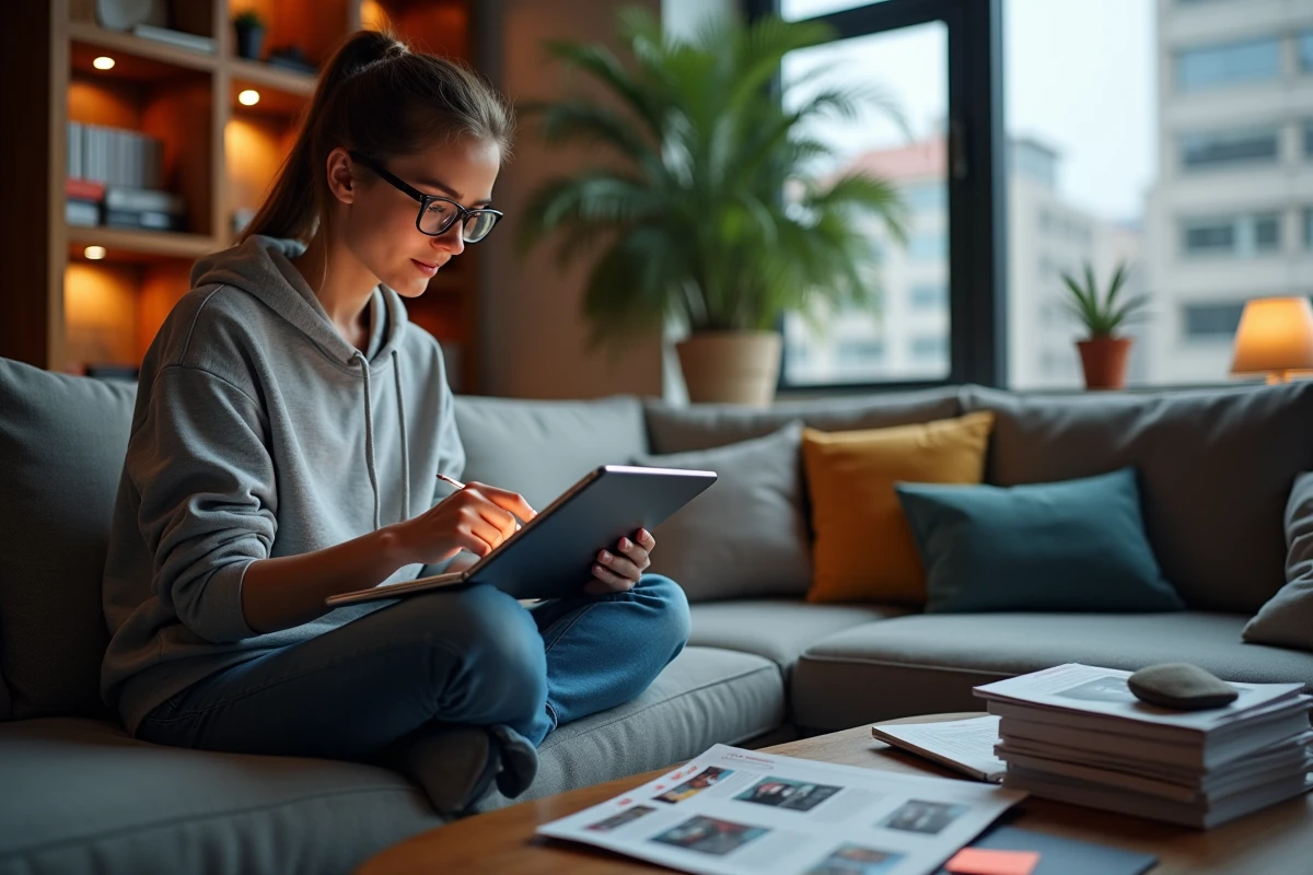 Femme lisant des avis sur un site d'actualité automobile depuis son domicile