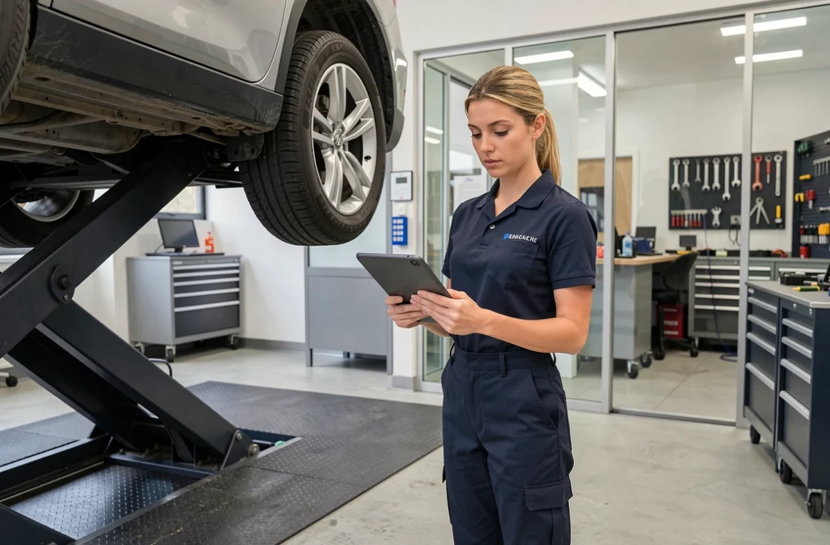 Technicienne de Lift Auto effectuant une inspection numérique d'un véhicule sur pont élévateur