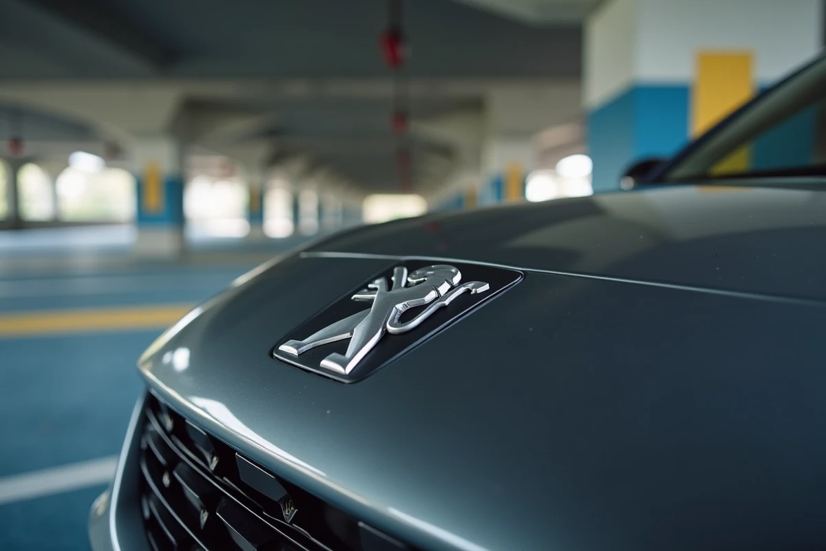 Badge logo Peugeot lion géométrique moderne en métal poli sur le capot d'une voiture contemporaine dans un parking urbain