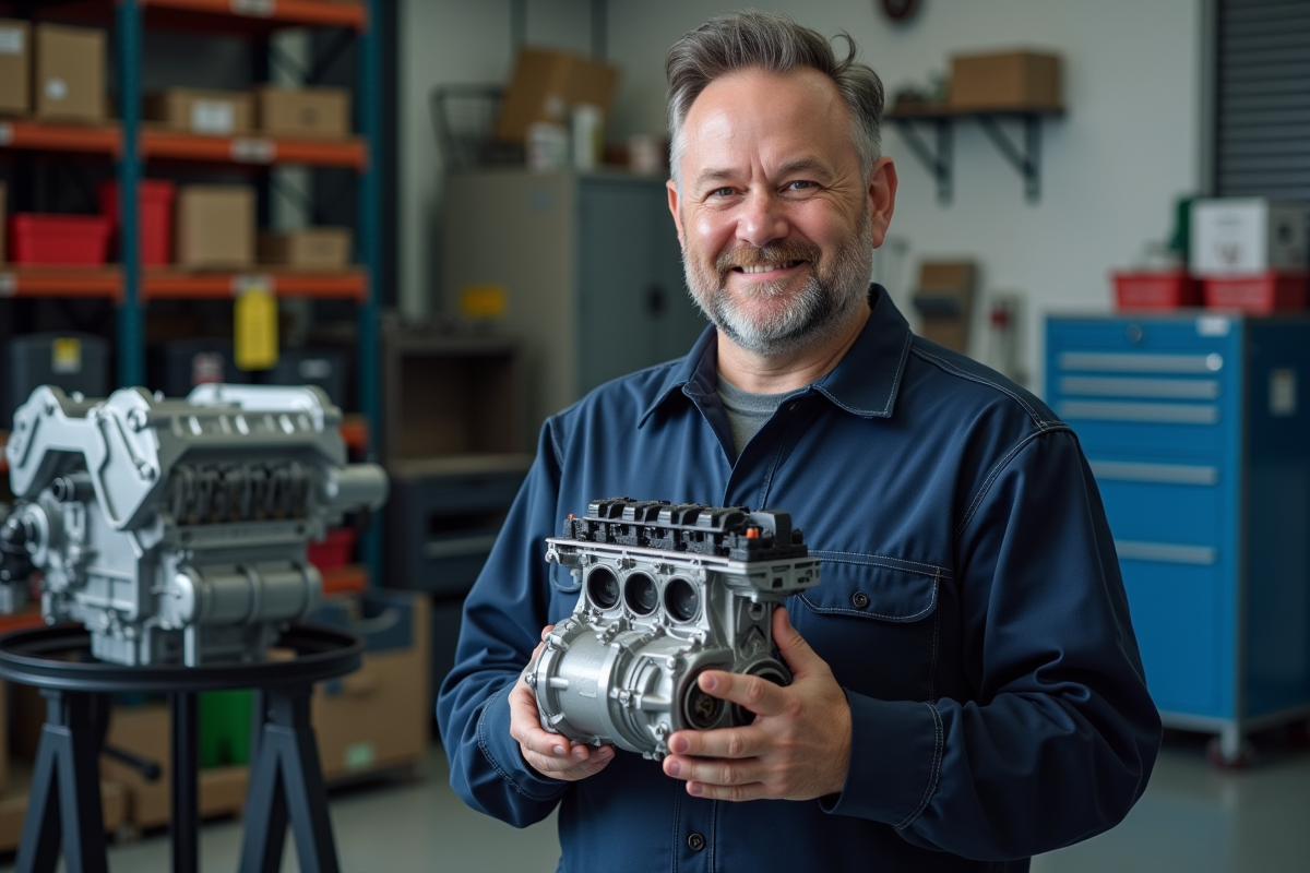 Mécanicien homme souriant tenant une pièce moteur propre