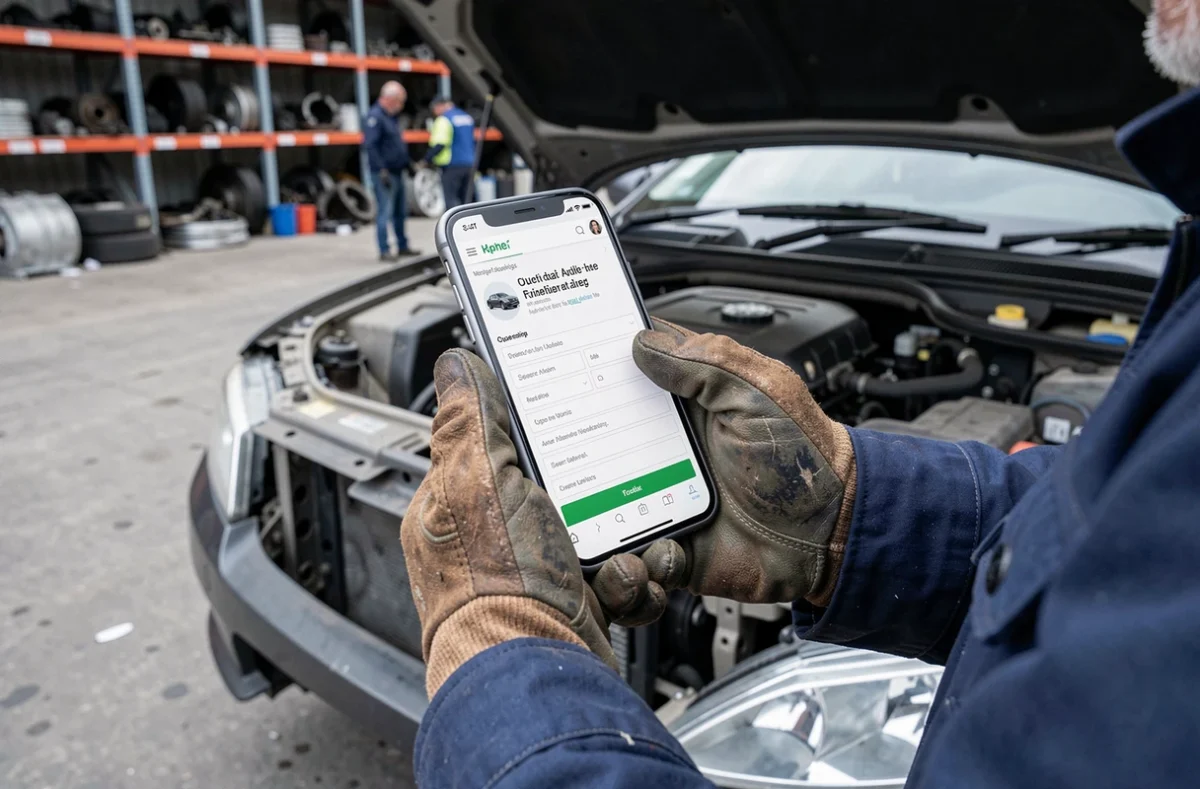 Mécanicien consultant un formulaire de devis en ligne sur smartphone dans une casse auto de l'Essonne